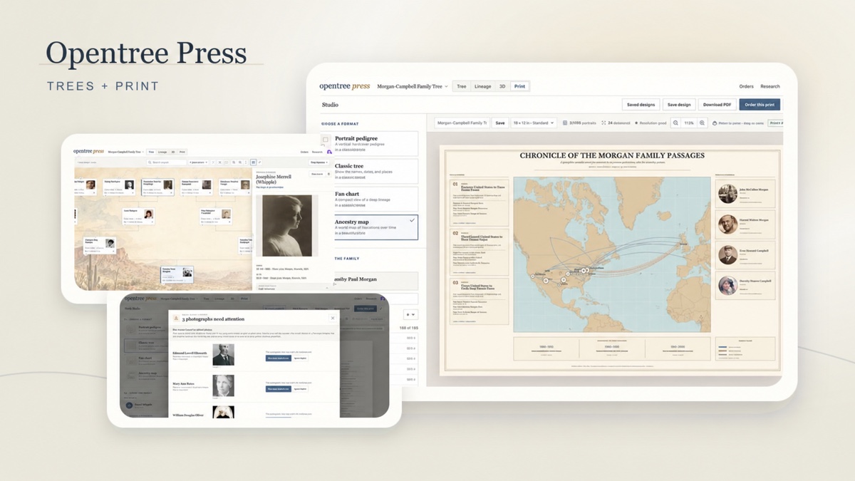 Montage of Opentree Press interactive tree, print studio, ancestry map, and print-readiness workflows.