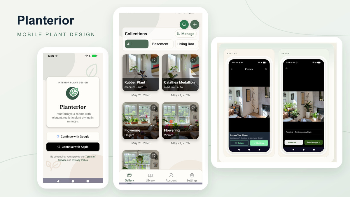 Montage of the Planterior mobile gallery, login, and before-and-after generation flow.