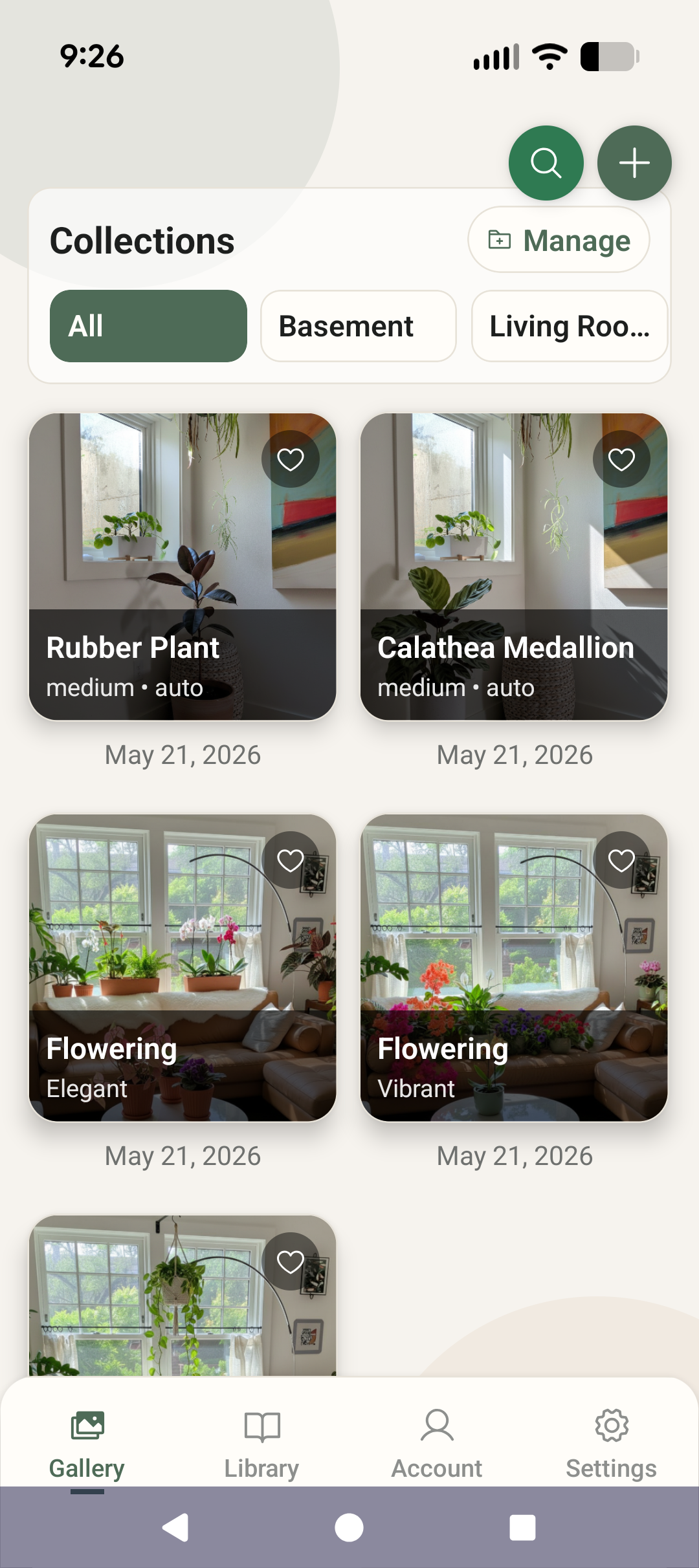 Planterior gallery screen showing saved room collections and plant design variations.