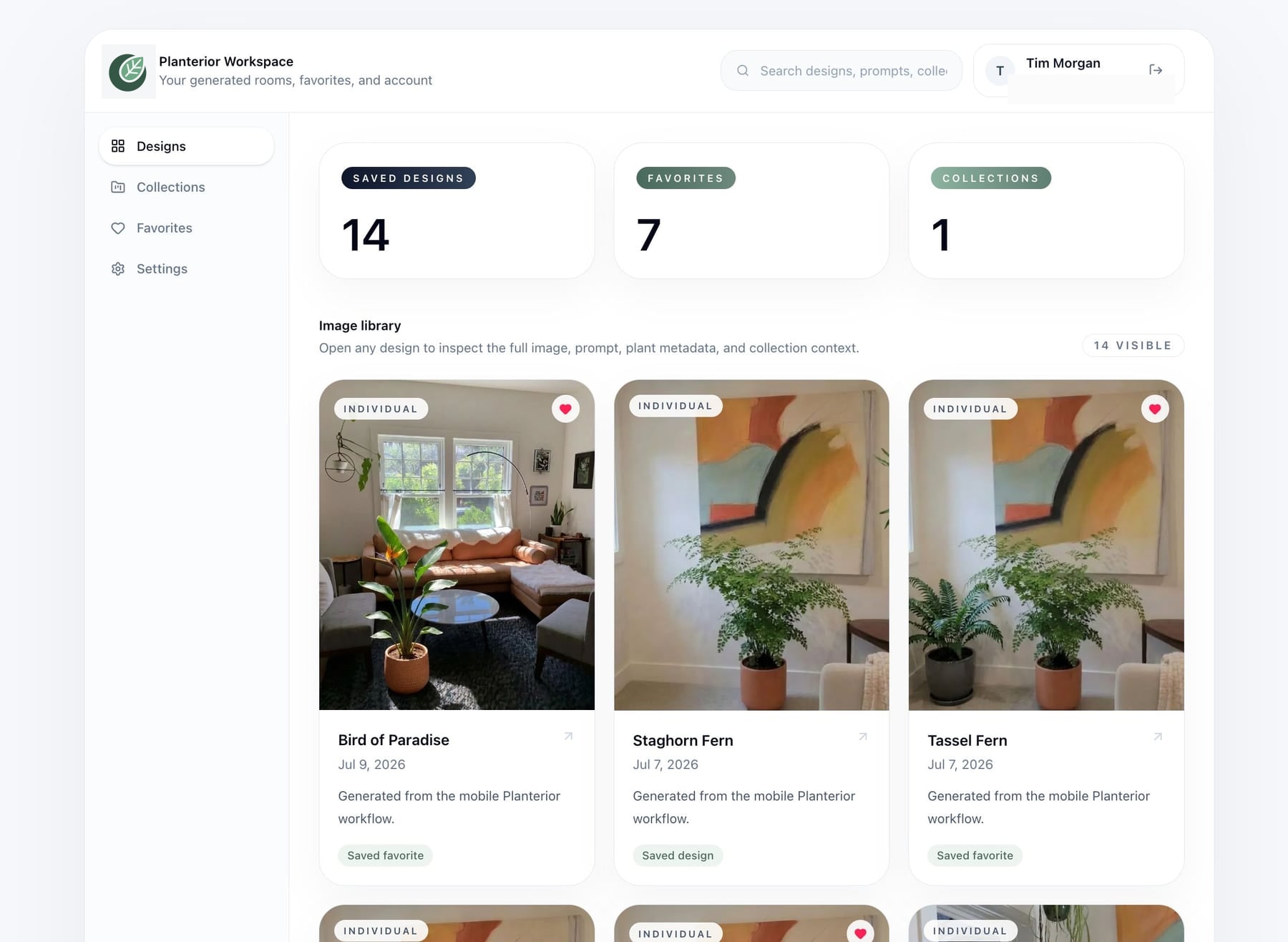 Planterior web dashboard showing synced image designs generated from the mobile app.
