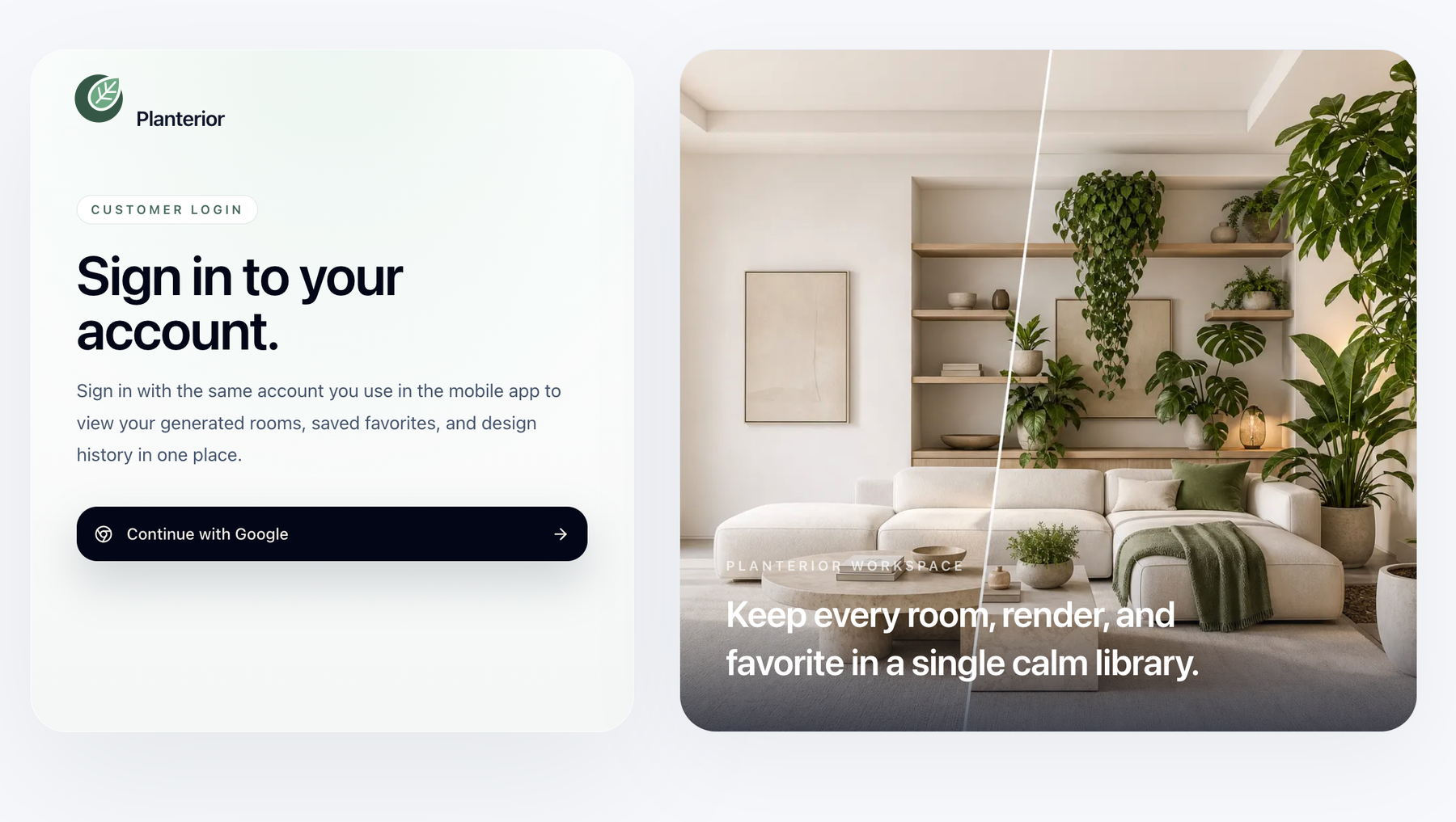Planterior web login screen for accessing synced mobile app images.