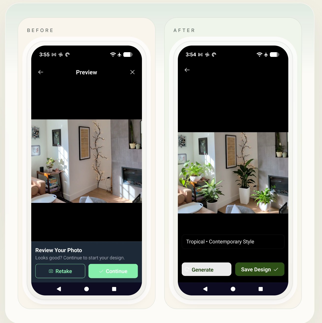 Planterior mobile app showing before and after plant placement in a room.