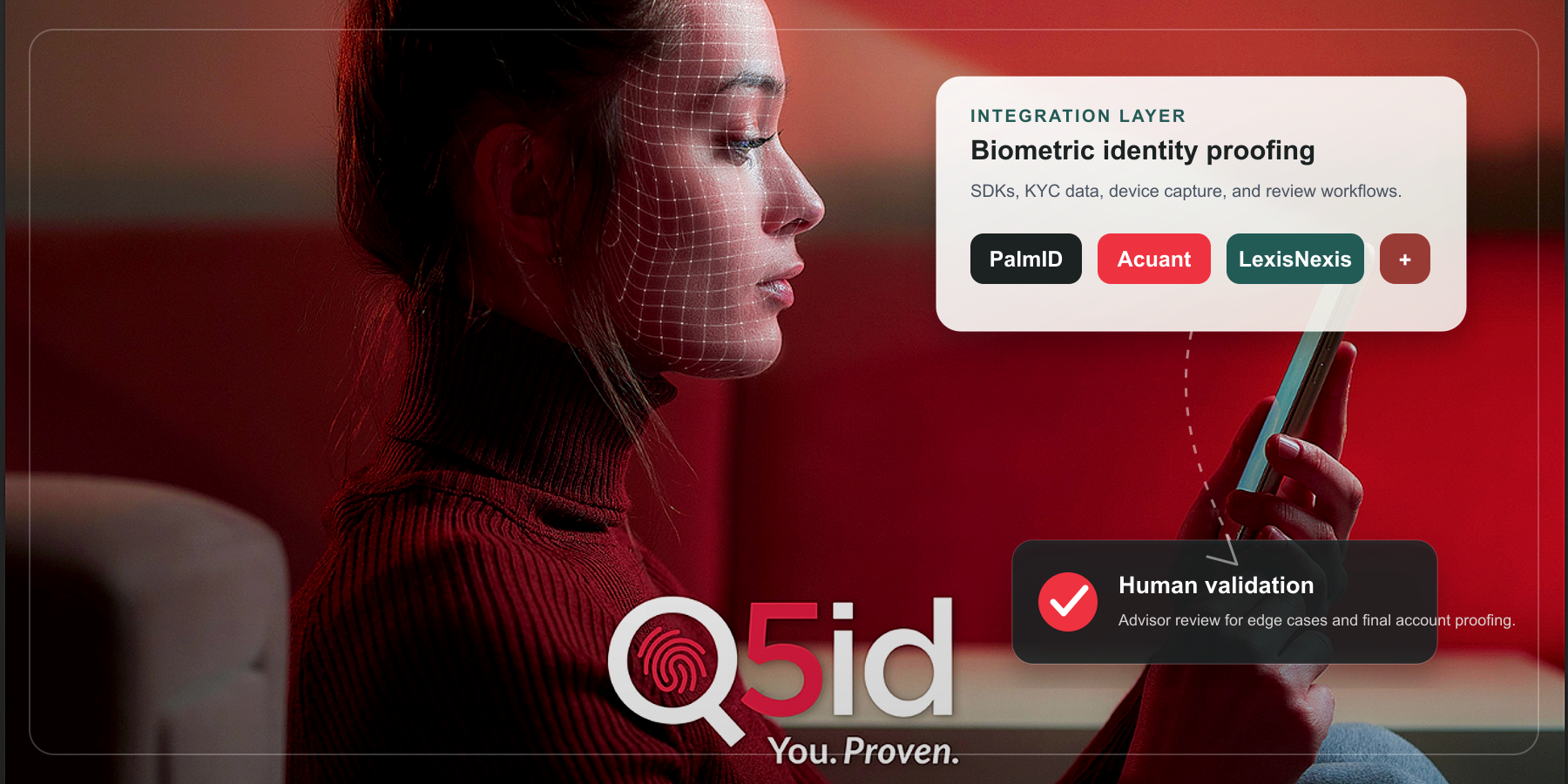 Q5id brand image showing face authentication on a mobile device.