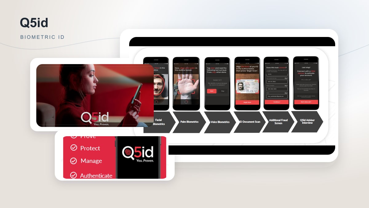 Montage of Q5id biometric identity proofing and mobile verification workflows.