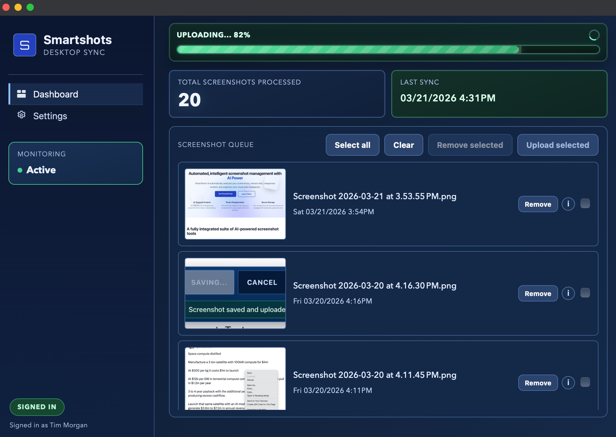 SmartShots desktop sync interface showing an upload queue and processing progress.