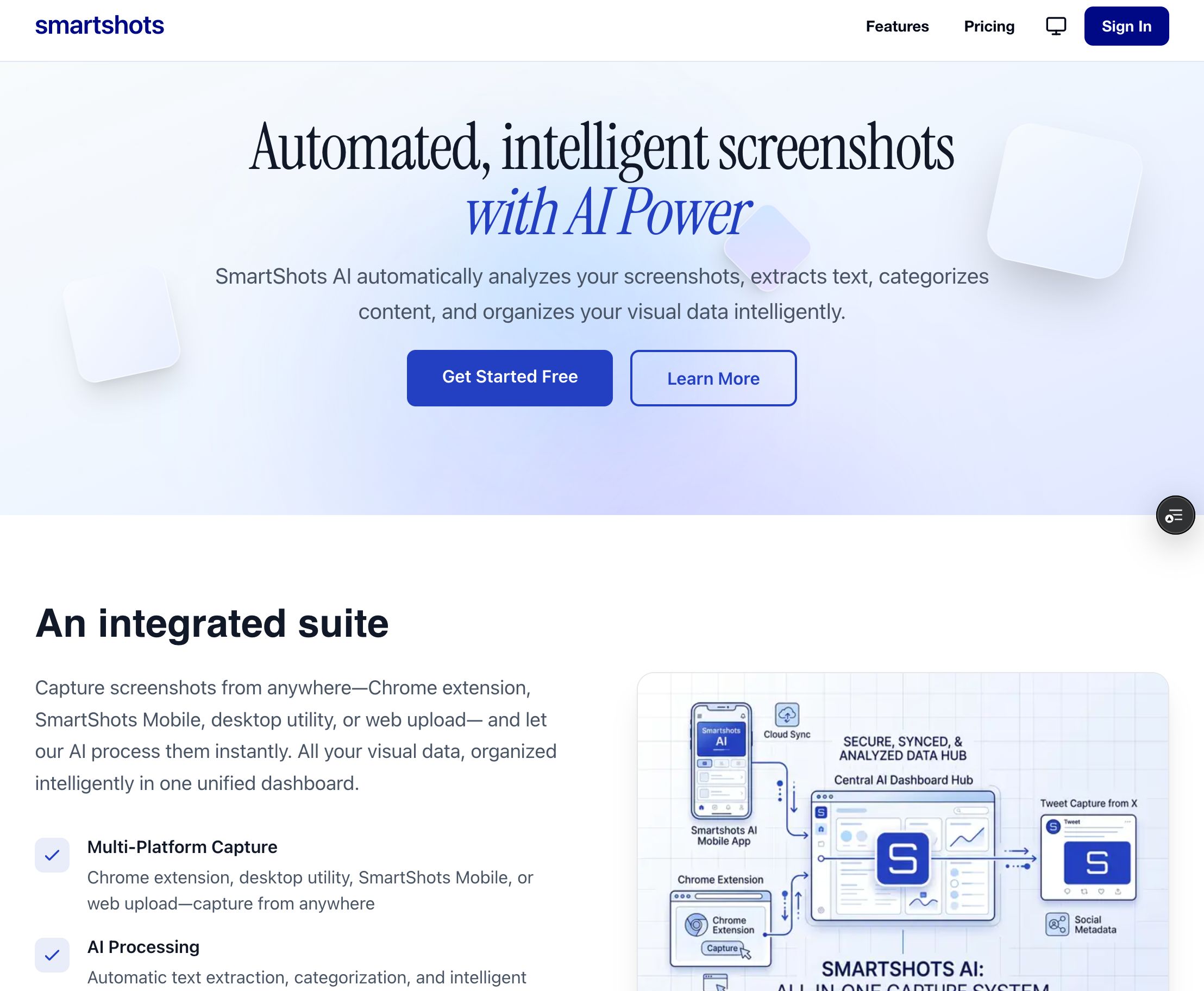 SmartShots marketing page describing automated screenshot analysis and multi-platform capture.