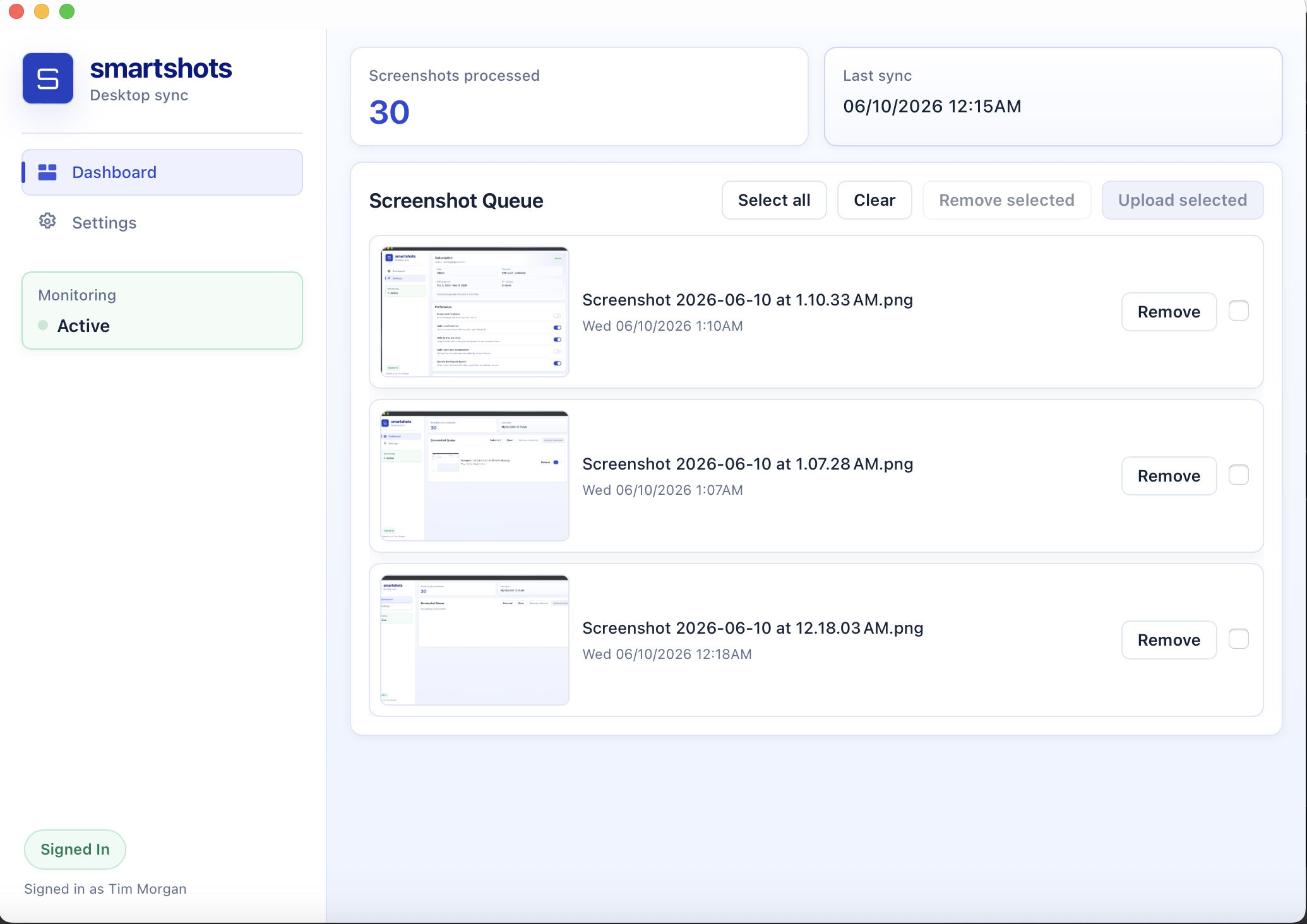 SmartShots desktop sync interface showing an upload queue and processing progress.